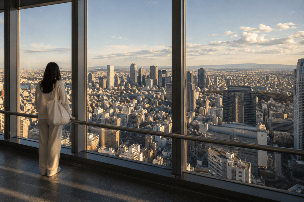 Traveler looking over the Tokyo skyline from a high-rise observation deck in Shinjuku