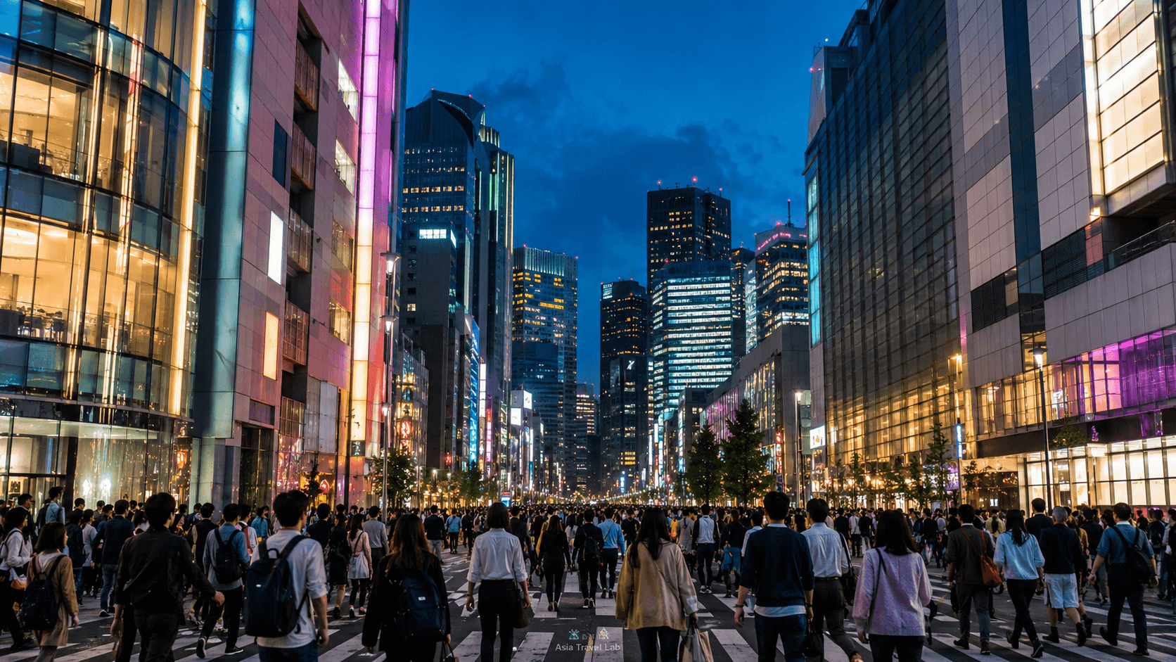 Busy Shinjuku-style Tokyo street at blue hour with crowds, tall buildings and neon city lights