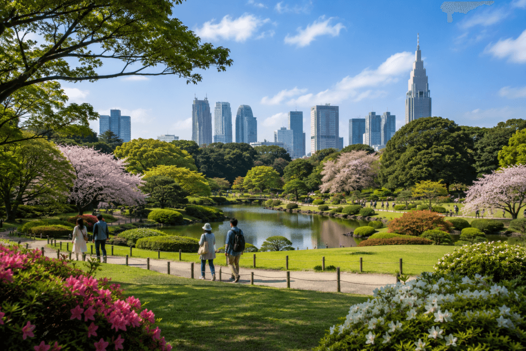 Peaceful Shinjuku Gyoen-style garden with green lawns, flowers and Tokyo skyline views