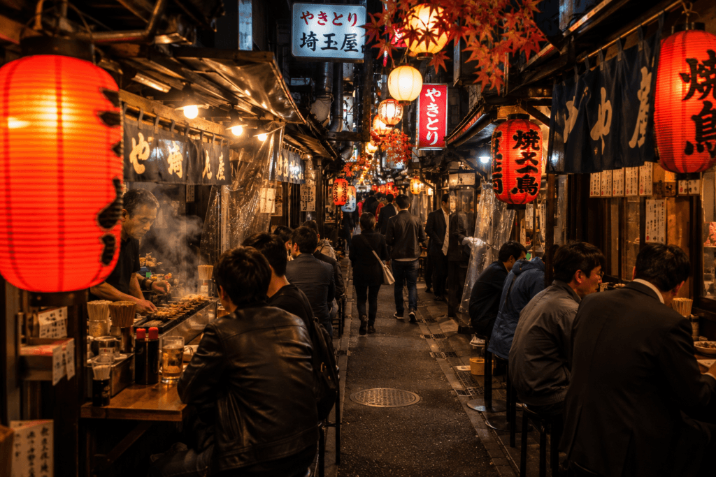 Narrow Shinjuku-style food alley at night with yakitori counters, lanterns and diners