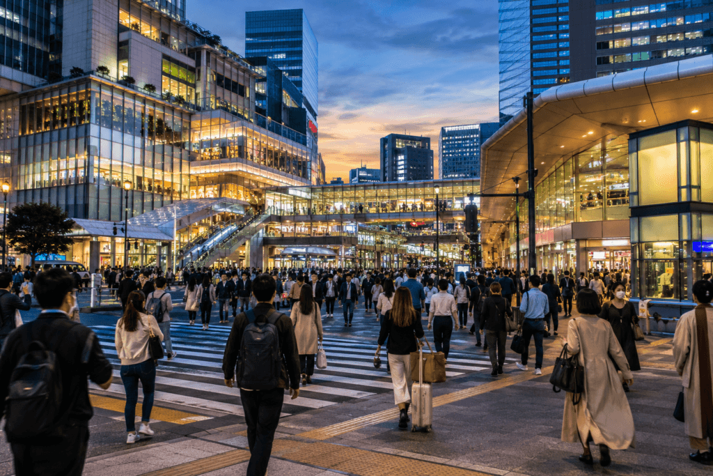 Busy Shinjuku-style shopping and station area at dusk with travelers and modern buildings