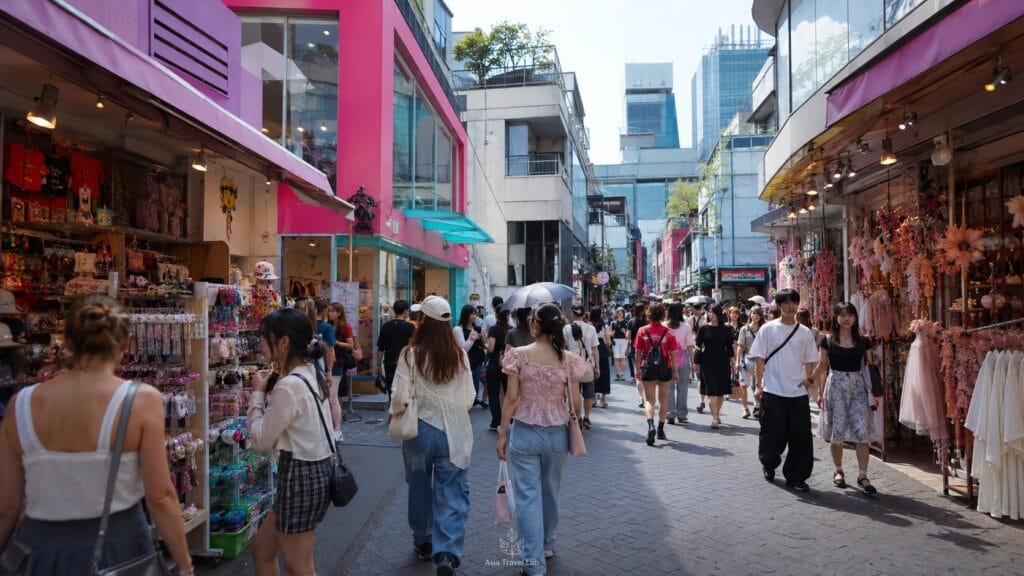 Busy Harajuku-style shopping street with colorful fashion stores and daytime crowds