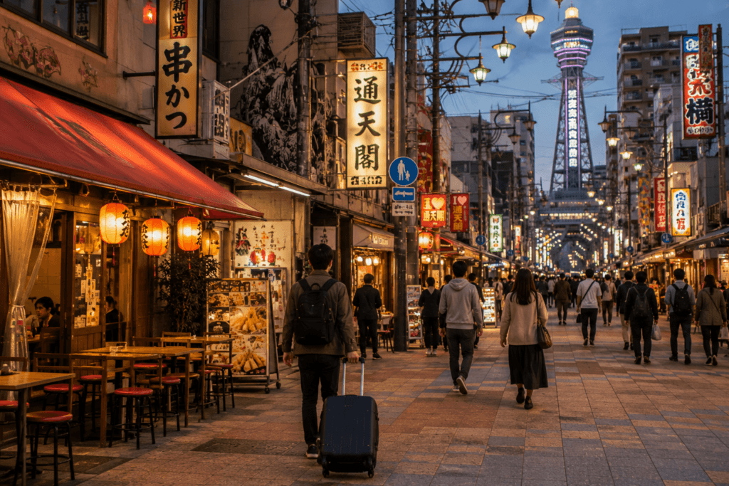 Retro Osaka-style evening street with restaurants, warm lights, travelers, local atmosphere and a tower silhouette in the distance