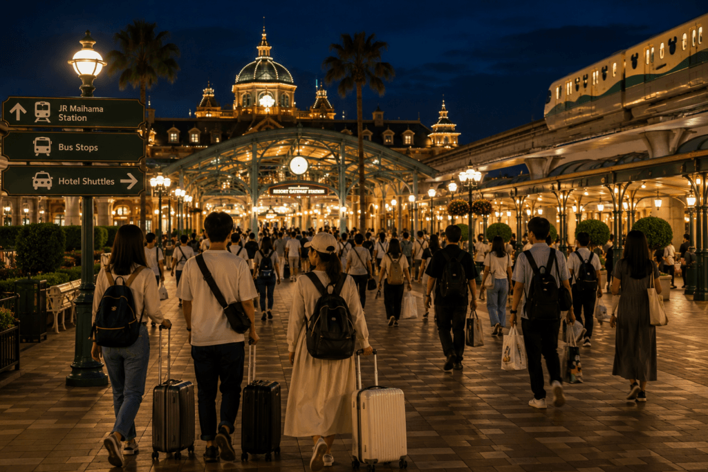 Travelers leaving a Tokyo theme park resort at night for train or hotel transfer