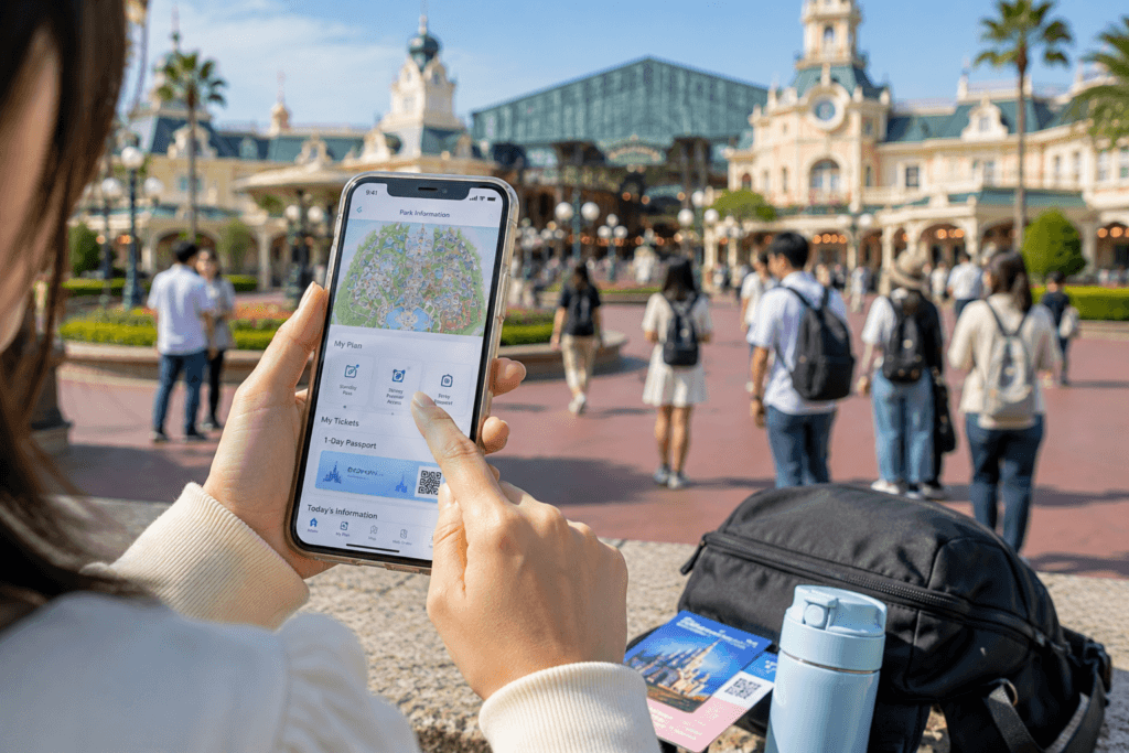 Traveler checking theme park tickets and app on a phone before entering a Tokyo resort