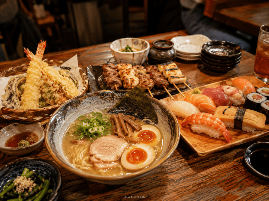Tokyo food table with ramen sushi tempura yakitori and casual Japanese dishes