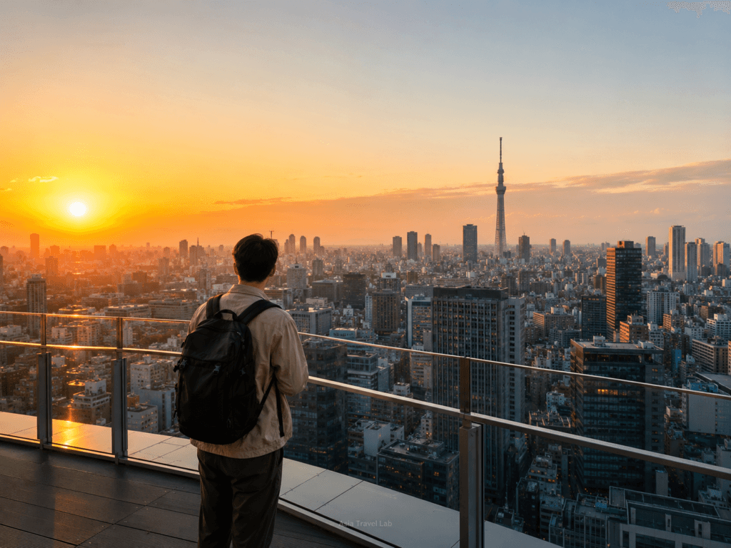 Traveler looking over the Tokyo skyline from an observation deck at sunset