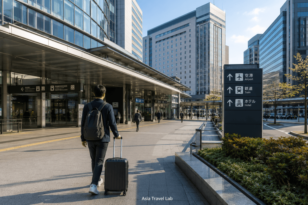 Traveler with suitcase near a modern Tokyo station hotel area for airport access