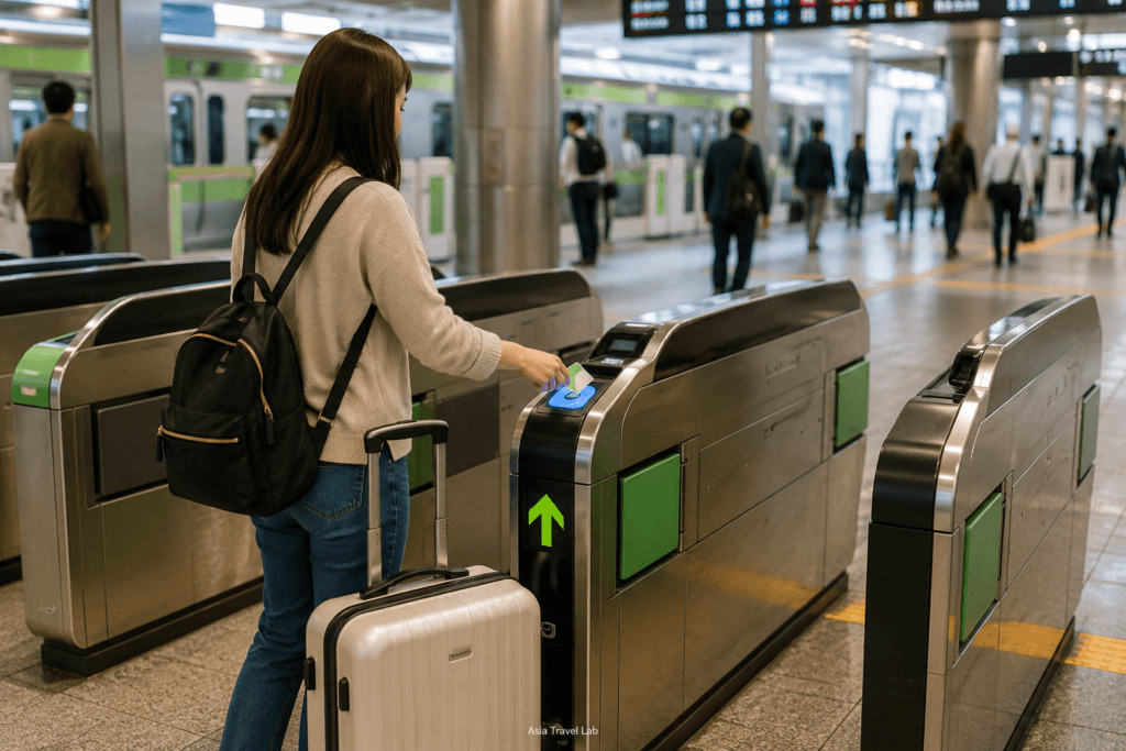 Traveler using an IC card at a Tokyo train station with luggage
