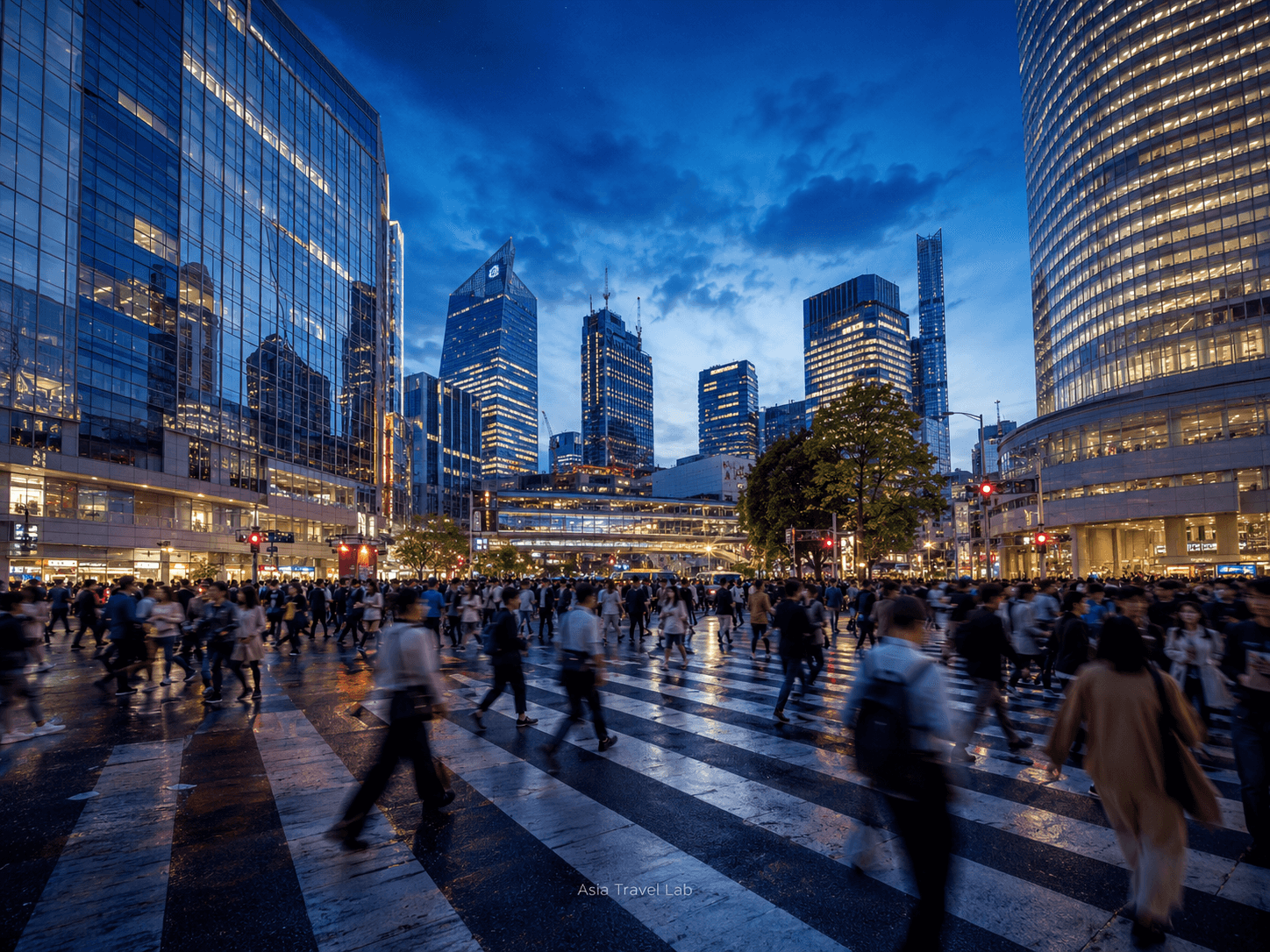 Tokyo skyline and busy Shibuya-style crossing at blue hour for first-time visitors