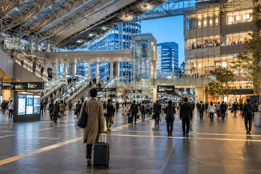 Modern Umeda-style Osaka station and shopping hub with glass architecture, commuters and a traveler pulling a suitcase