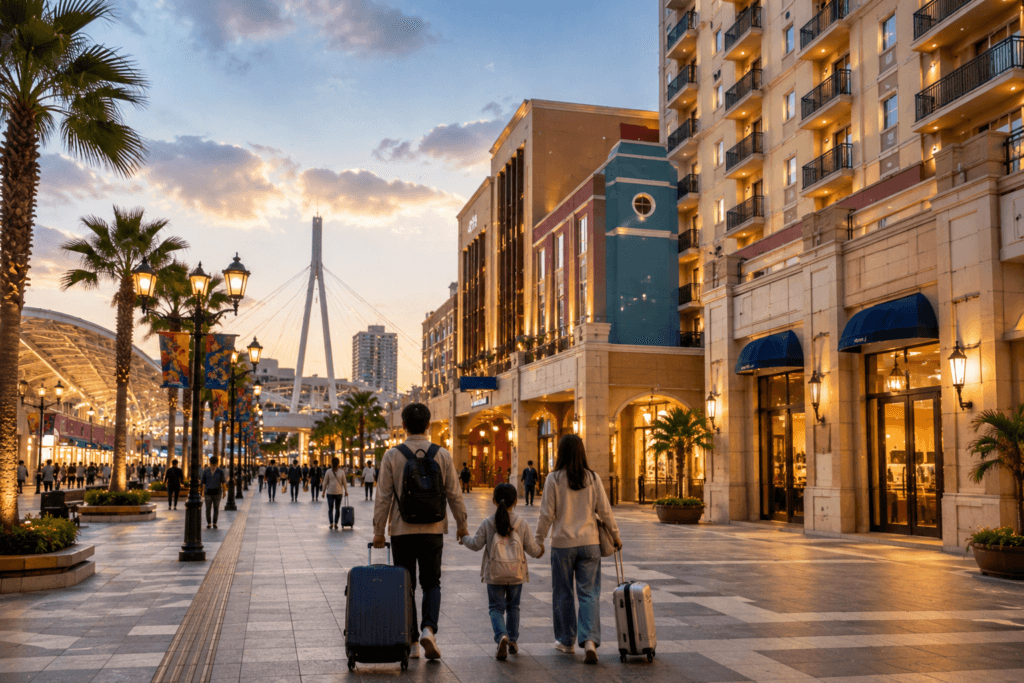 Family travelers with luggage walking through a warm evening hotel and entertainment district near a theme park area without visible logos