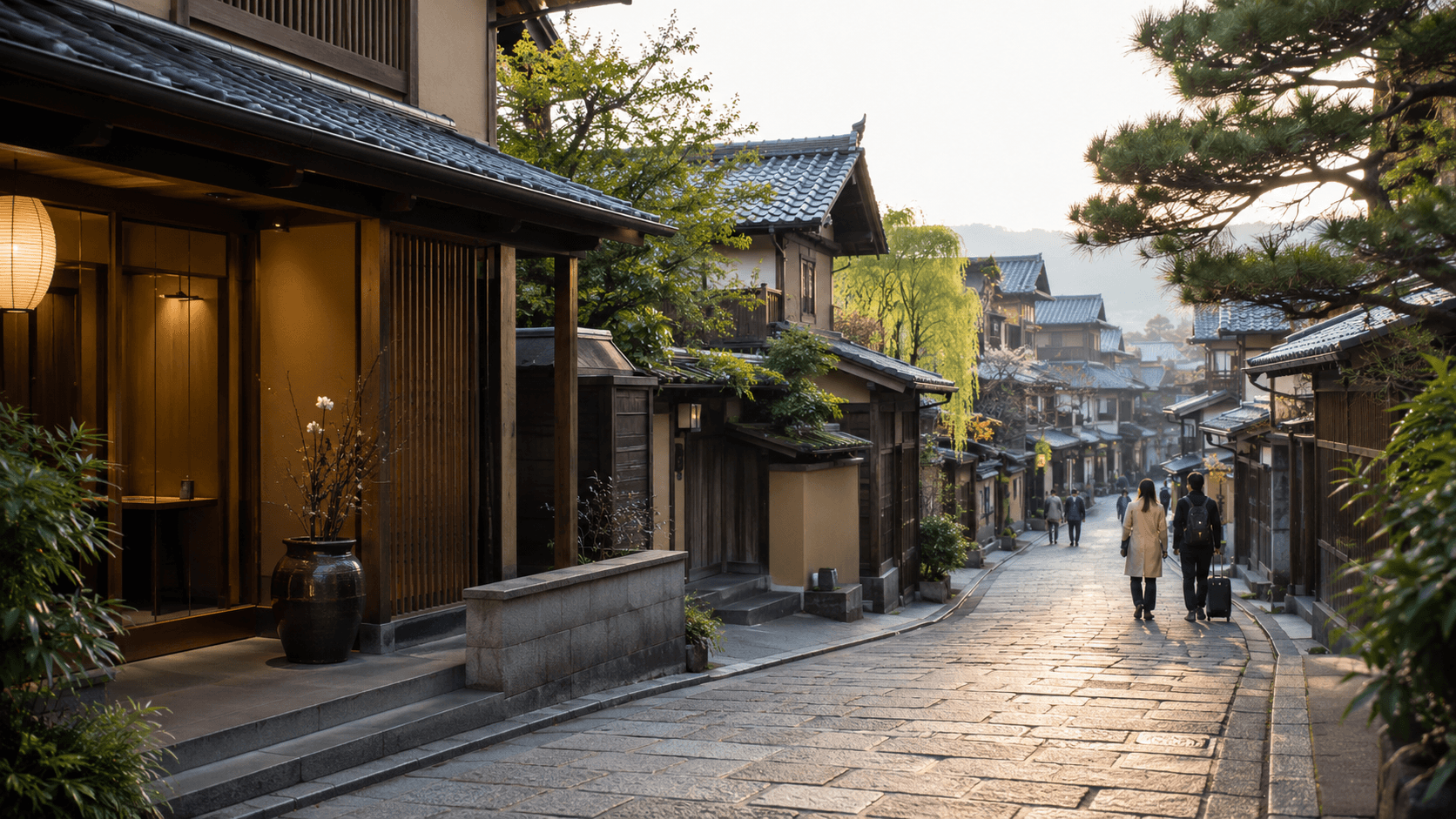 Peaceful Kyoto neighborhood street with traditional buildings and travelers walking with luggage in the morning