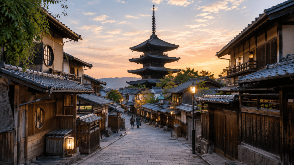 Yasaka Pagoda seen from a traditional Higashiyama street in Kyoto at golden hour