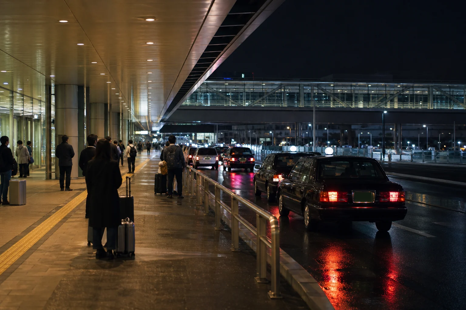 Taxi pickup area outside Haneda Airport Terminal 3 at night