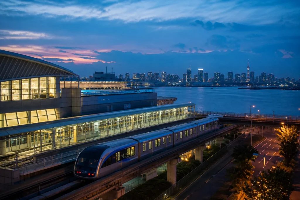 Haneda Airport terminal and Tokyo-bound train at dusk