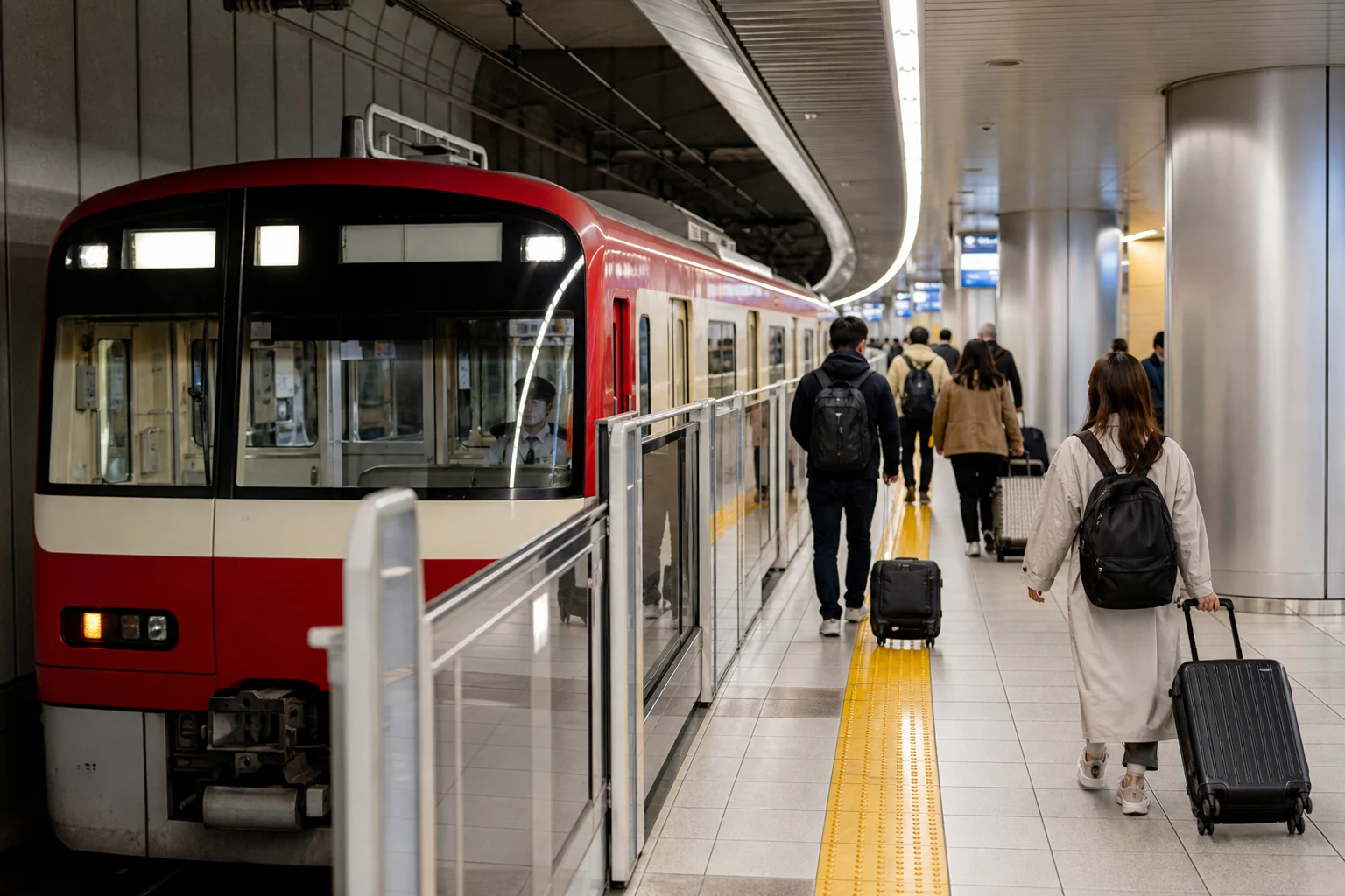 Keikyu train platform at Haneda Airport with travelers and luggage