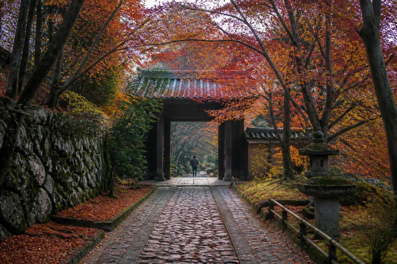 Red maple leaves along a quiet Kyoto temple path in early morning