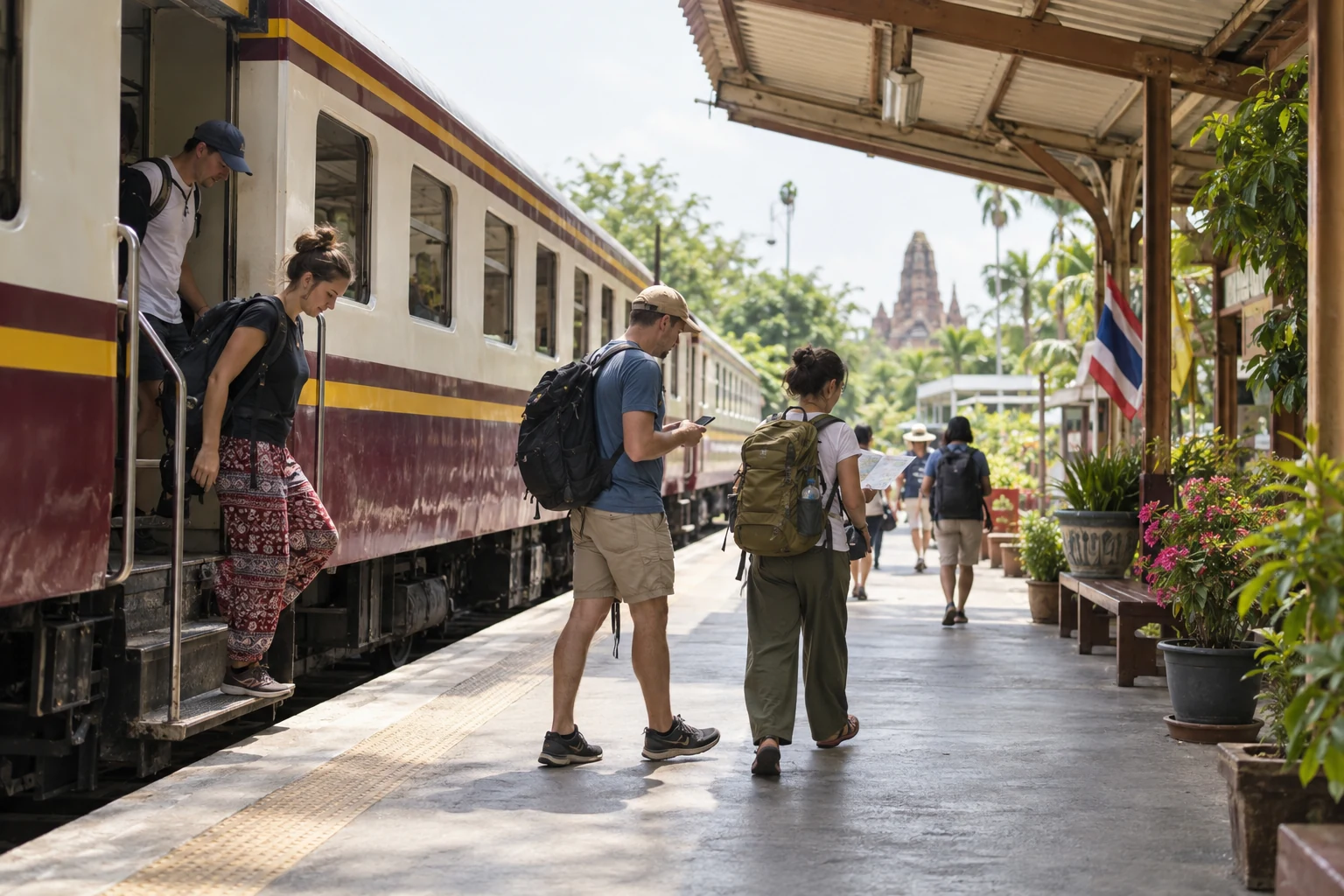 Travelers stepping off a local train at Ayutthaya railway station