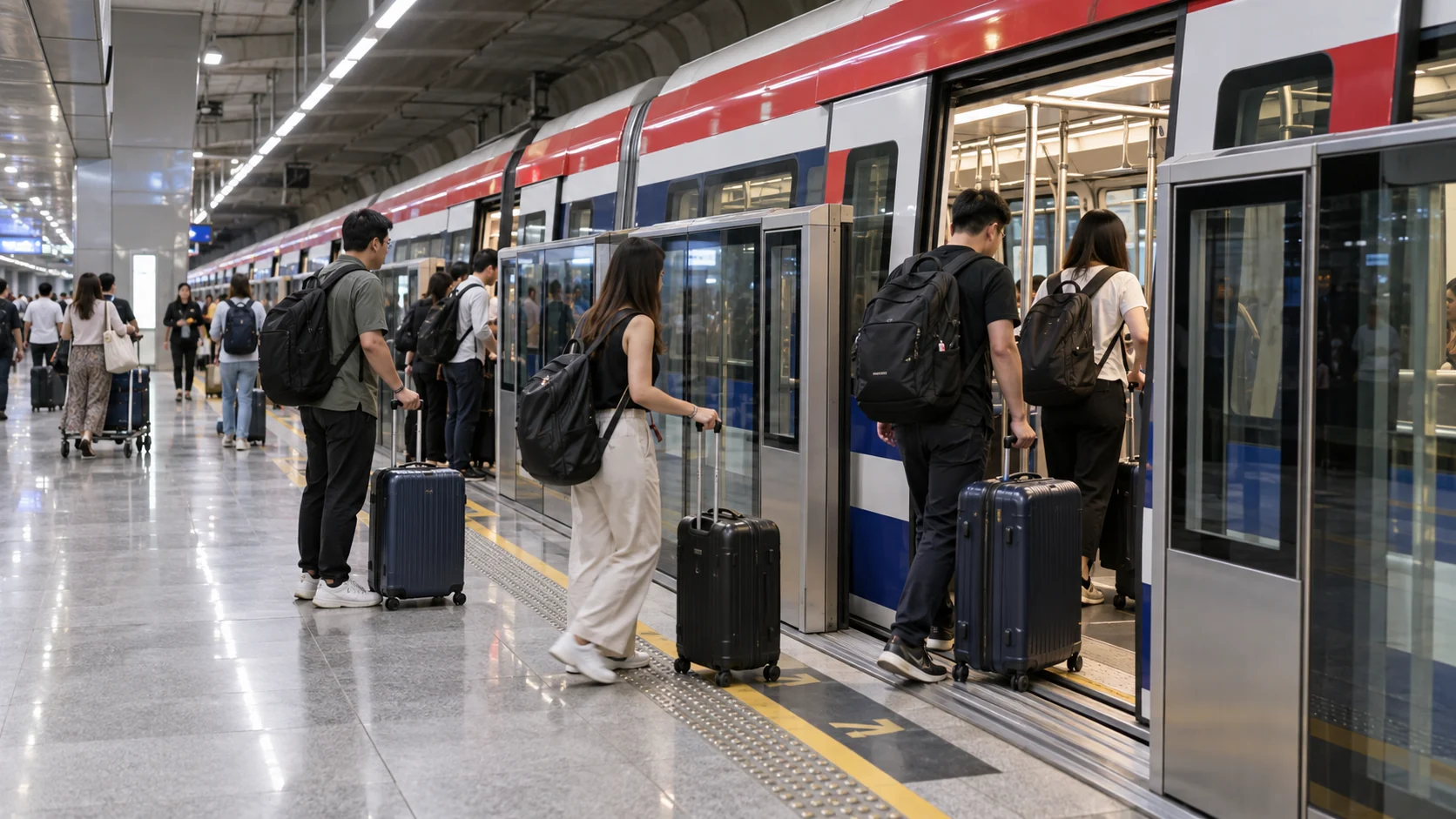 Travelers boarding the Bangkok Airport Rail Link with rolling luggage