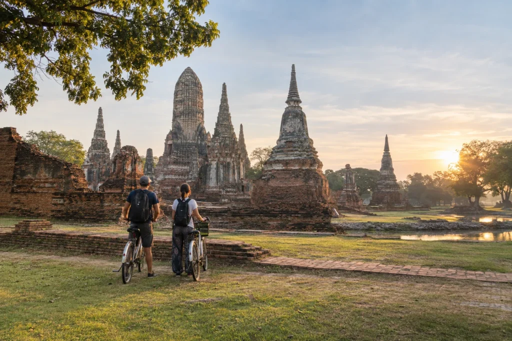 Travelers with bicycles looking across the ruins of Ayutthaya Historical Park