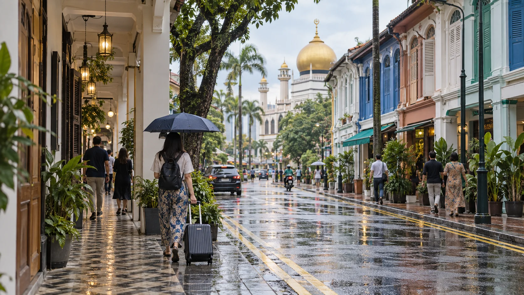 Traveler with suitcase walking through Bugis and Kampong Glam after tropical rain