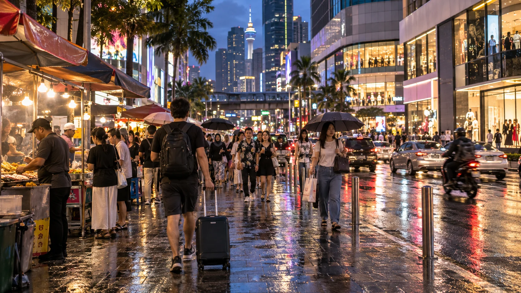 Traveler pulling a suitcase through busy Bukit Bintang after tropical rain