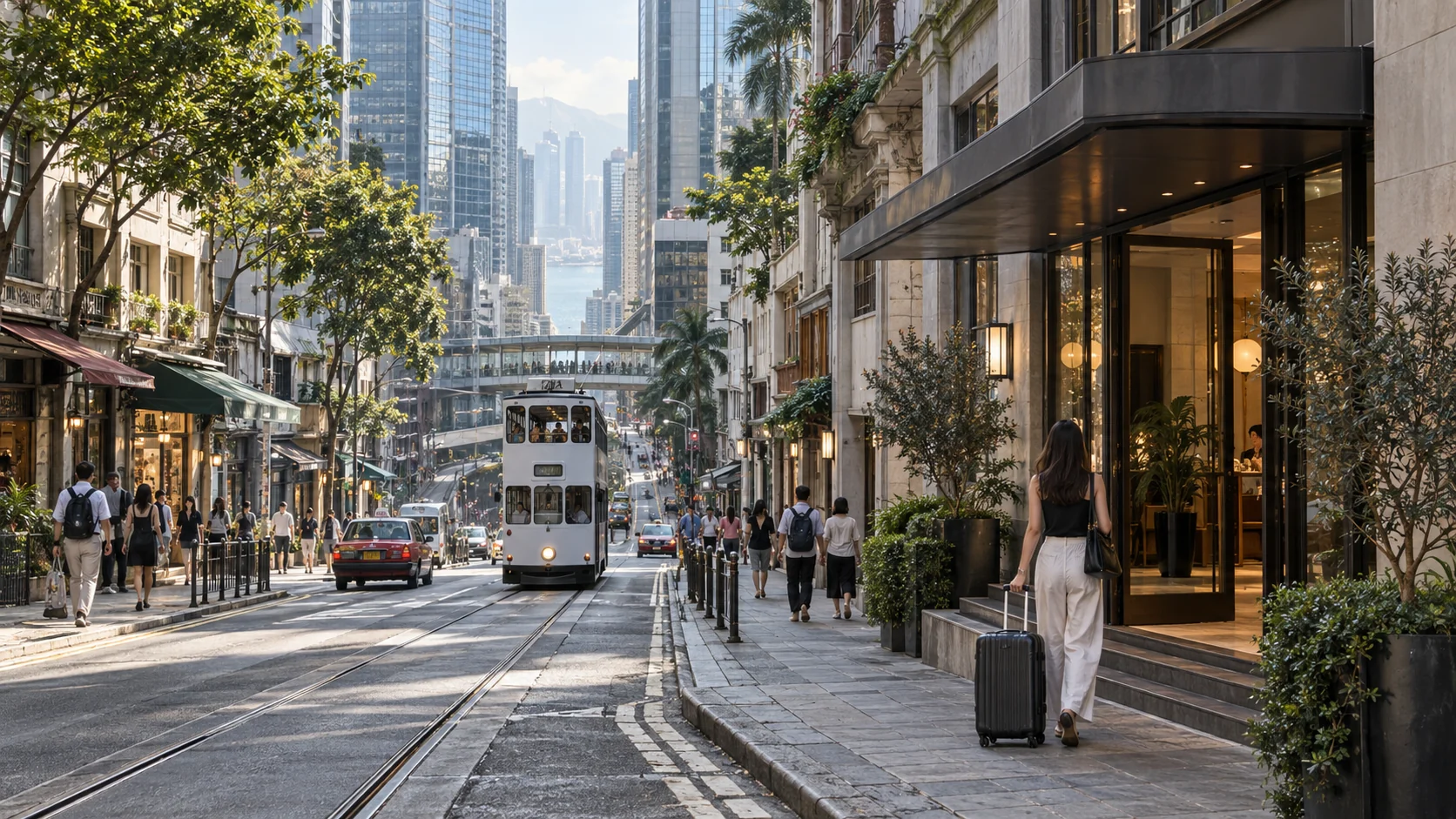 Traveler arriving at a hotel on a sloping street between Central and Sheung Wan