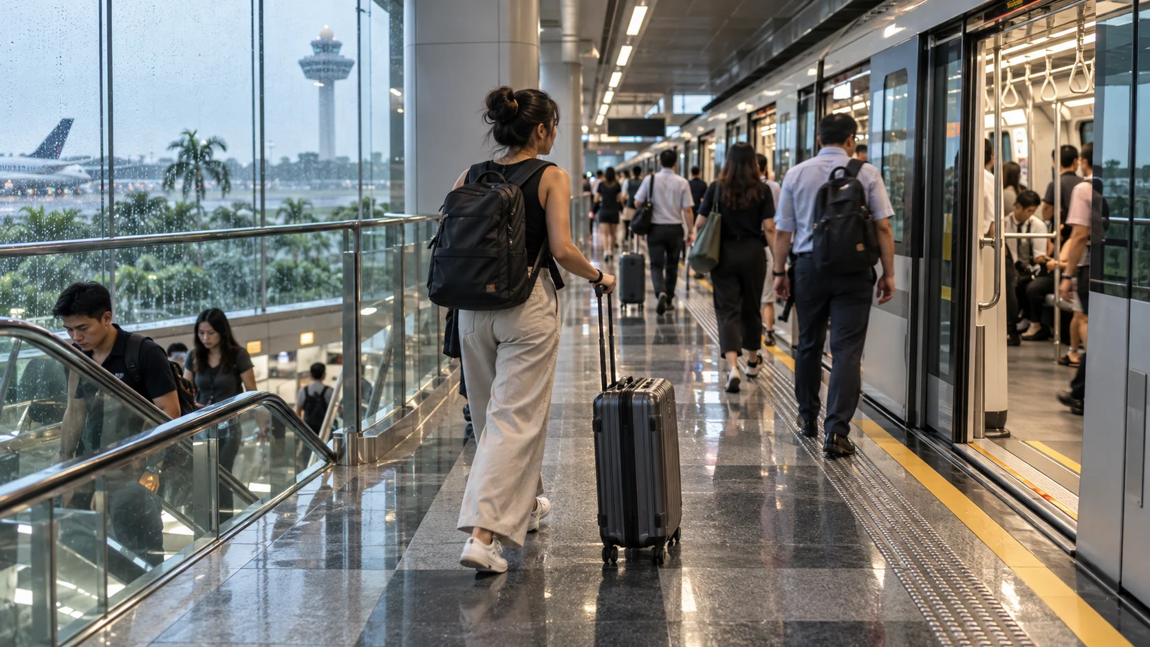 Traveler transferring to an MRT train near Singapore Changi Airport with a suitcase