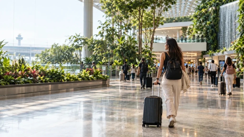 Traveler with a suitcase walking through the tropical arrivals area at Singapore Changi Airport