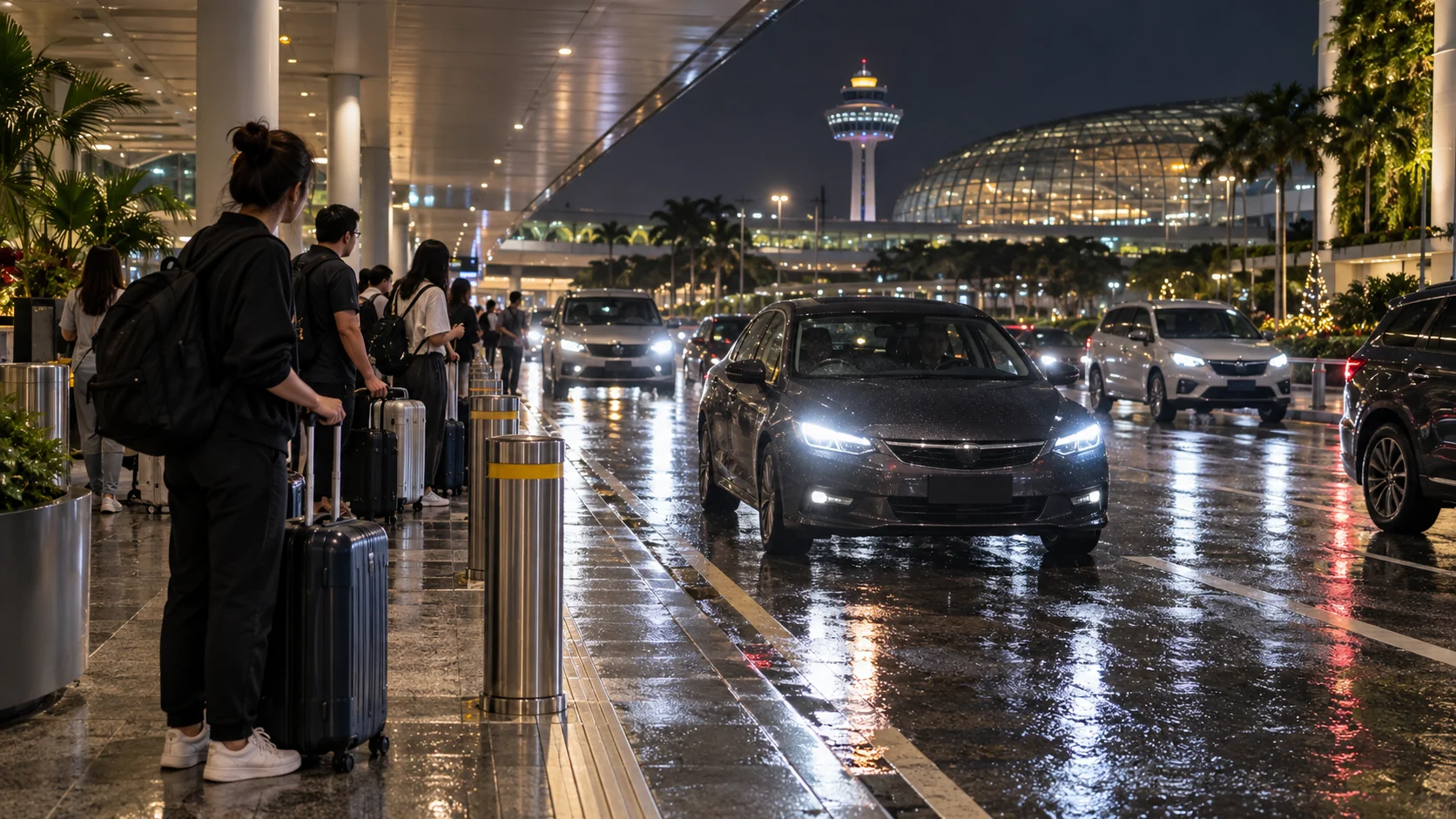 Travelers waiting with luggage at Changi Airport ride-hailing pickup after rain