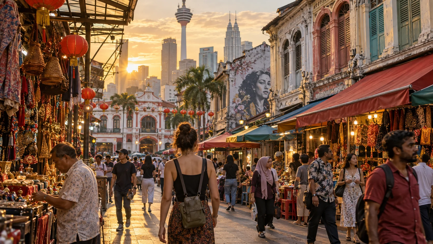 Travelers walking among heritage shophouses and market stalls in Kuala Lumpur Chinatown