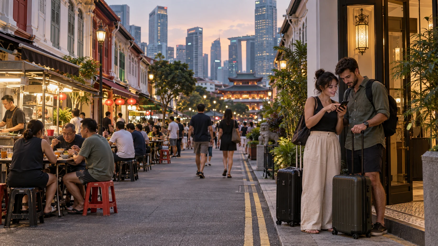 Travelers arriving at a boutique hotel near Singapore Chinatown and Tanjong Pagar