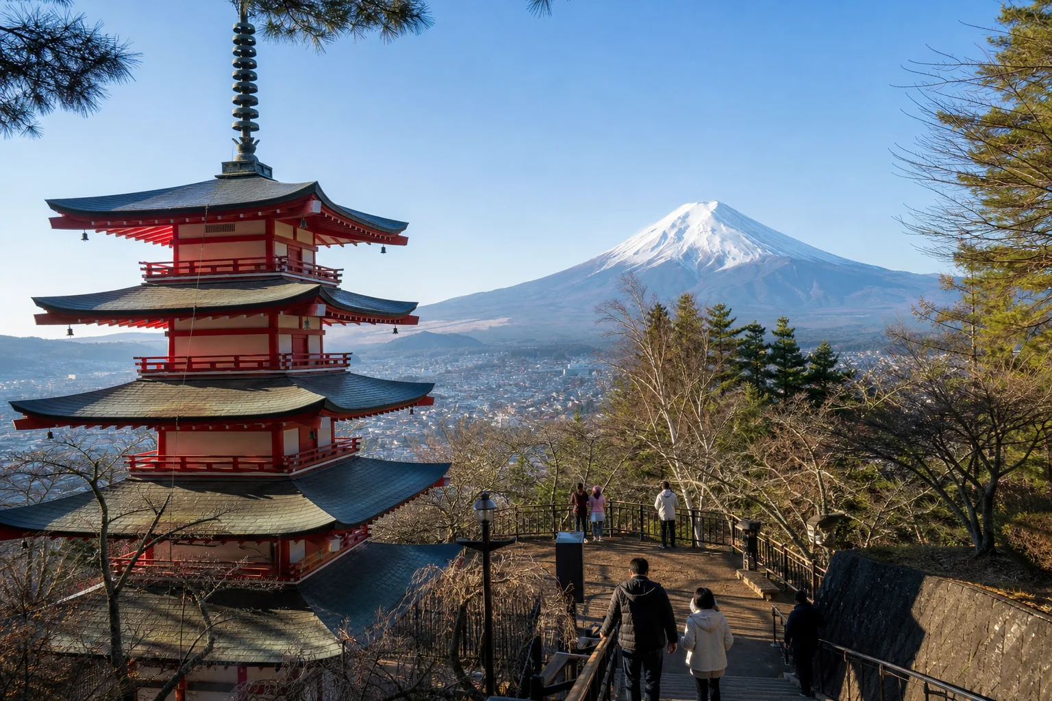 Chureito Pagoda and Mount Fuji in clear morning light