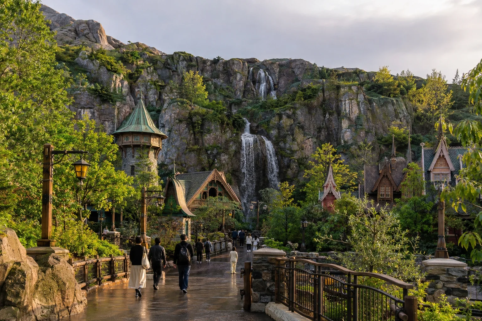 Visitors walking through a lush fantasy valley with waterfalls after rain