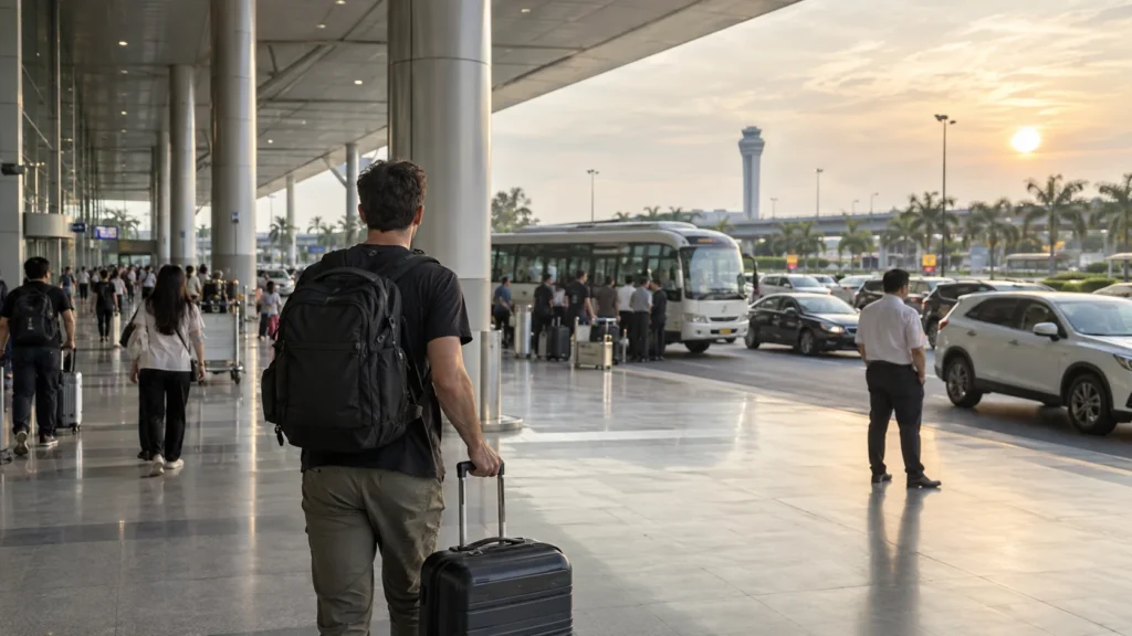 Traveler with a suitcase outside Hanoi Noi Bai International Airport arrivals