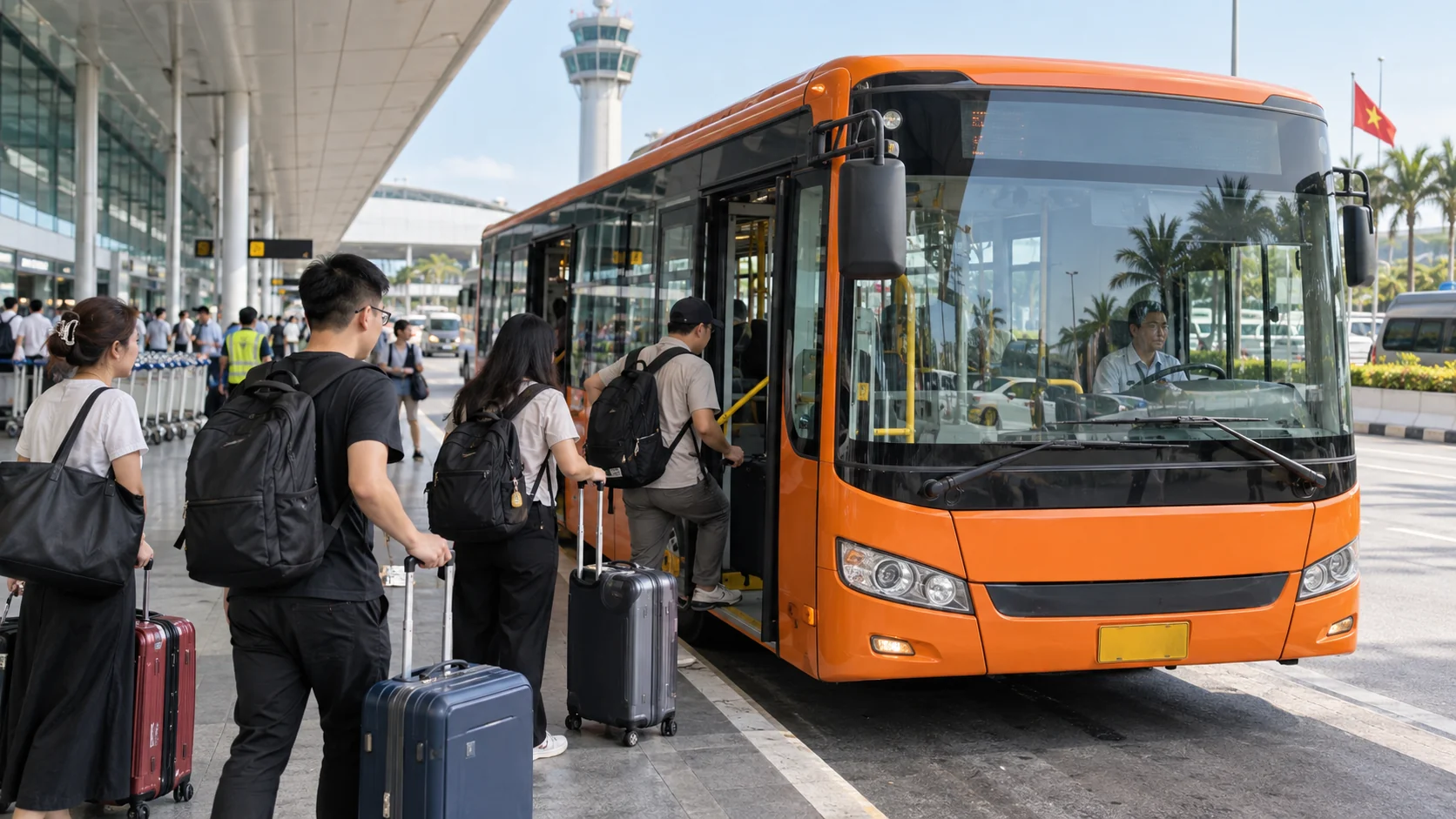 Travelers with luggage boarding an orange airport express bus at Hanoi Noi Bai Airport