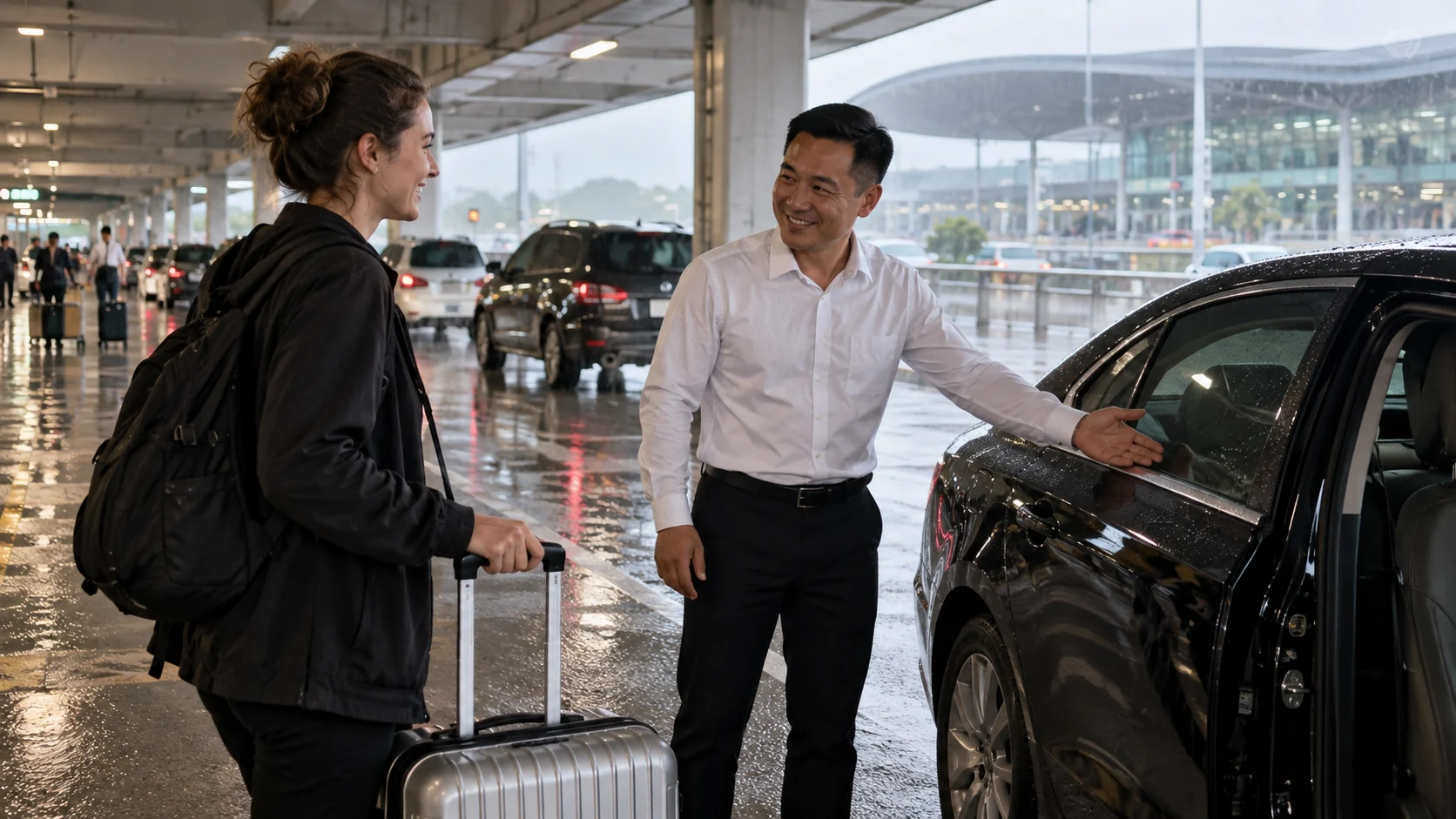 Traveler meeting a car driver with luggage in a covered Hanoi airport pickup area