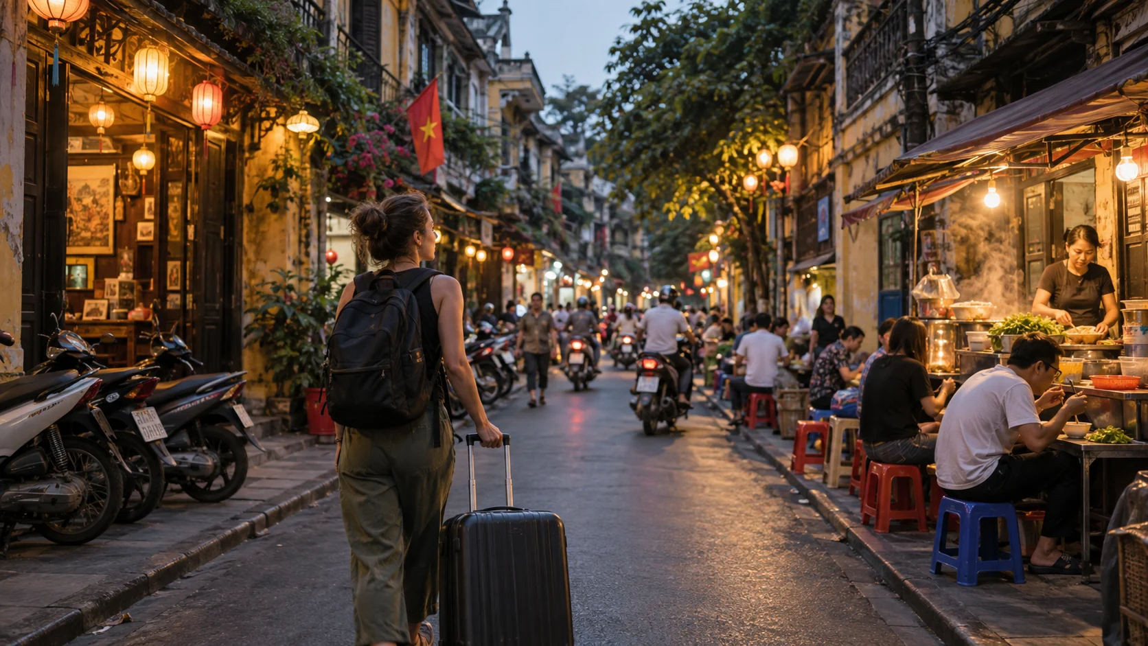 Traveler rolling a suitcase through a Hanoi Old Quarter street at dusk