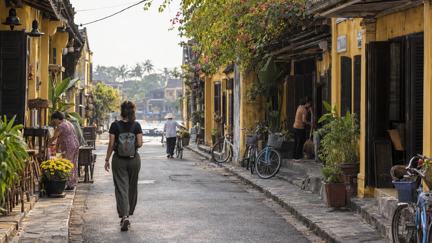Traveler walking through Hoi An Ancient Town early in the morning