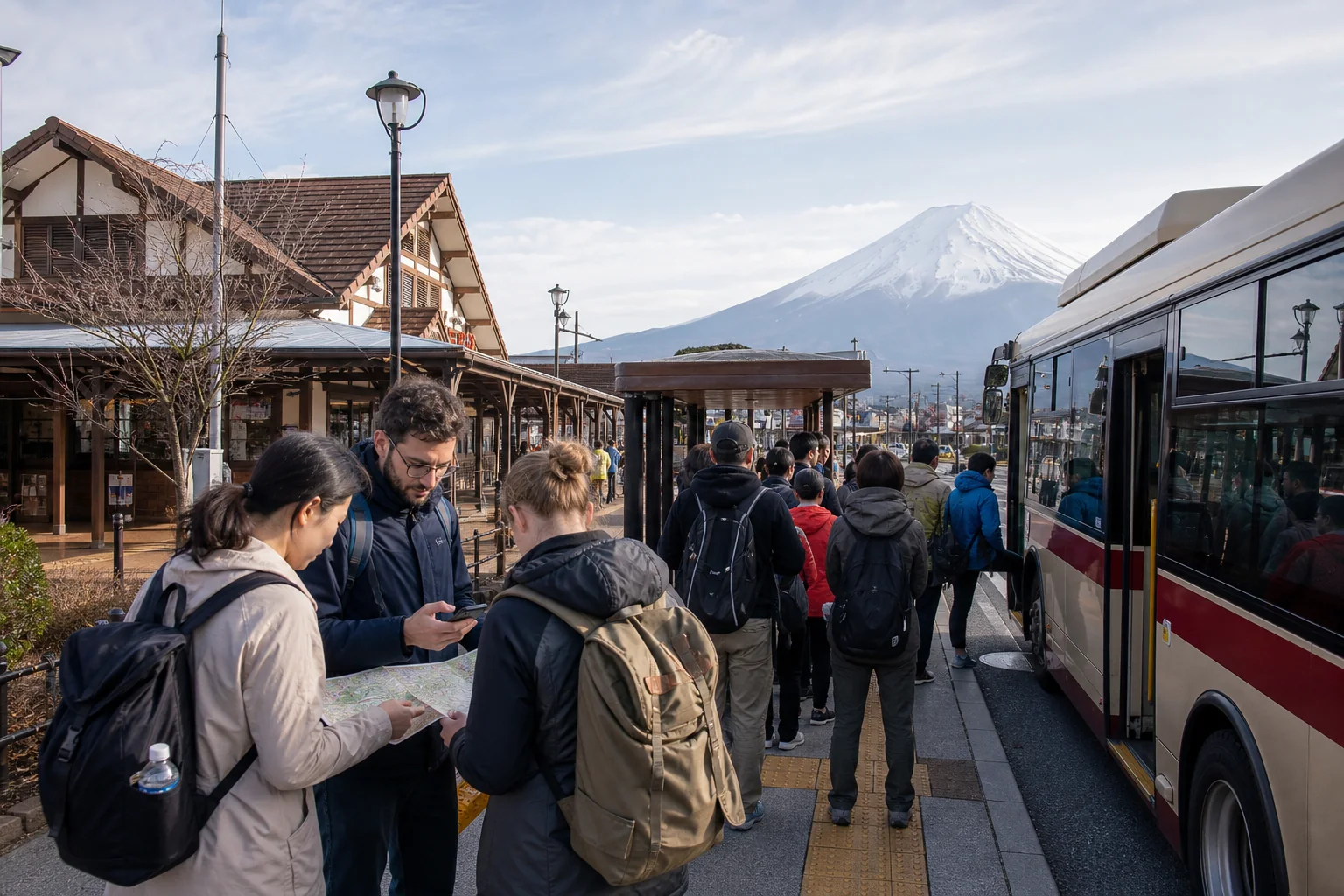 Travelers waiting for a sightseeing bus outside Kawaguchiko Station