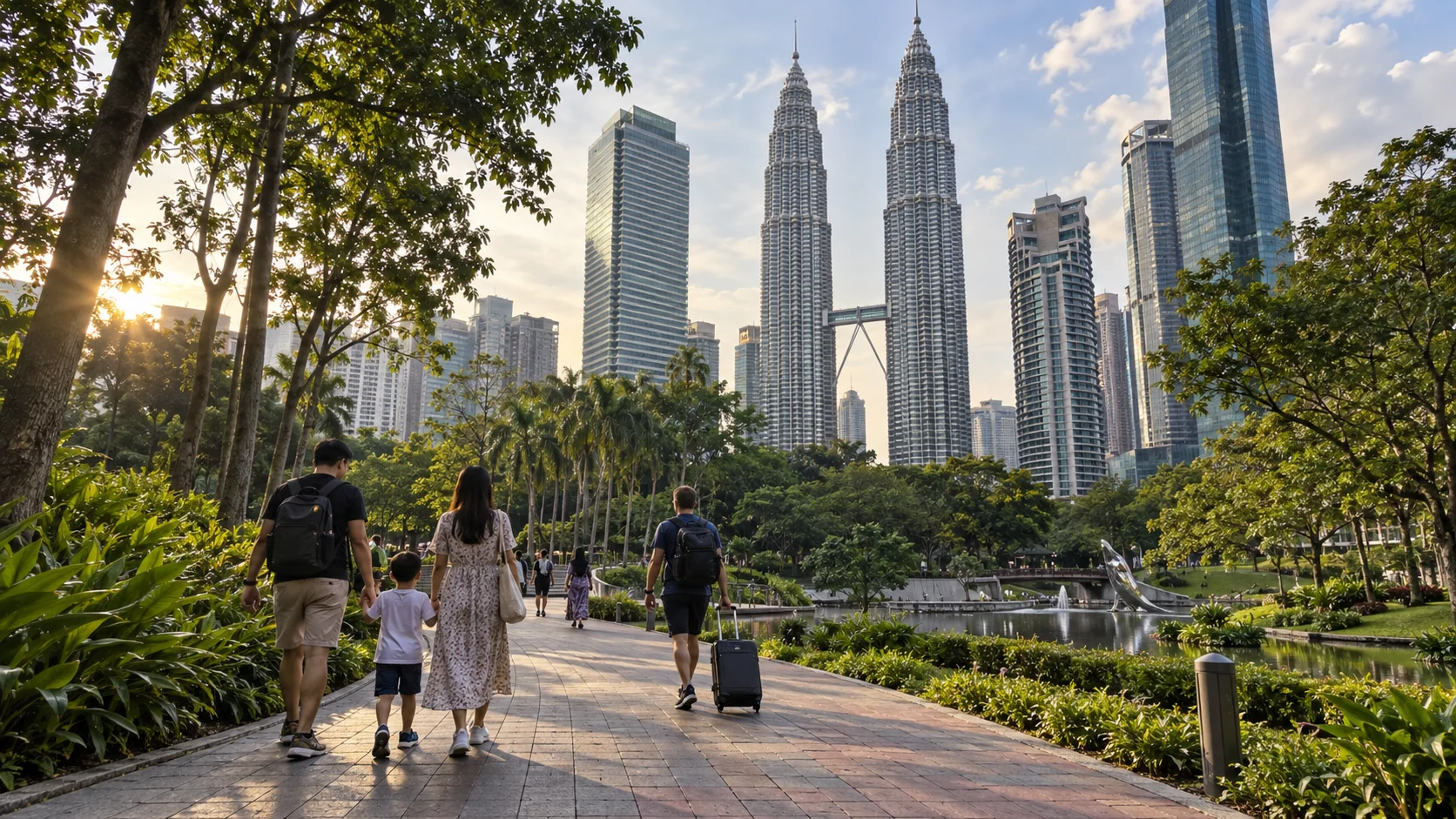 Family and traveler walking through KLCC Park beneath the Petronas Twin Towers