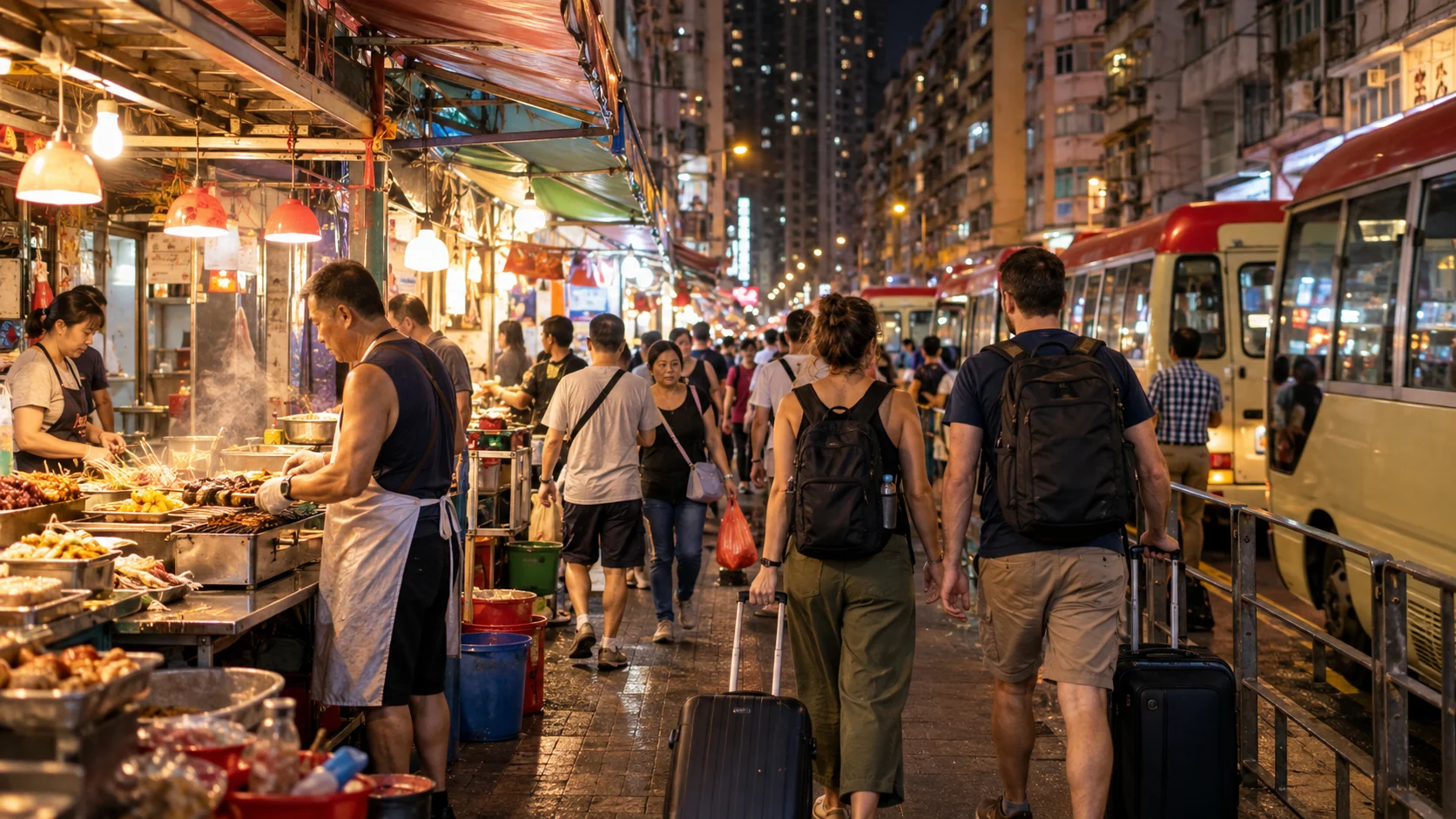 Travelers pulling suitcases through a lively Mong Kok night market street