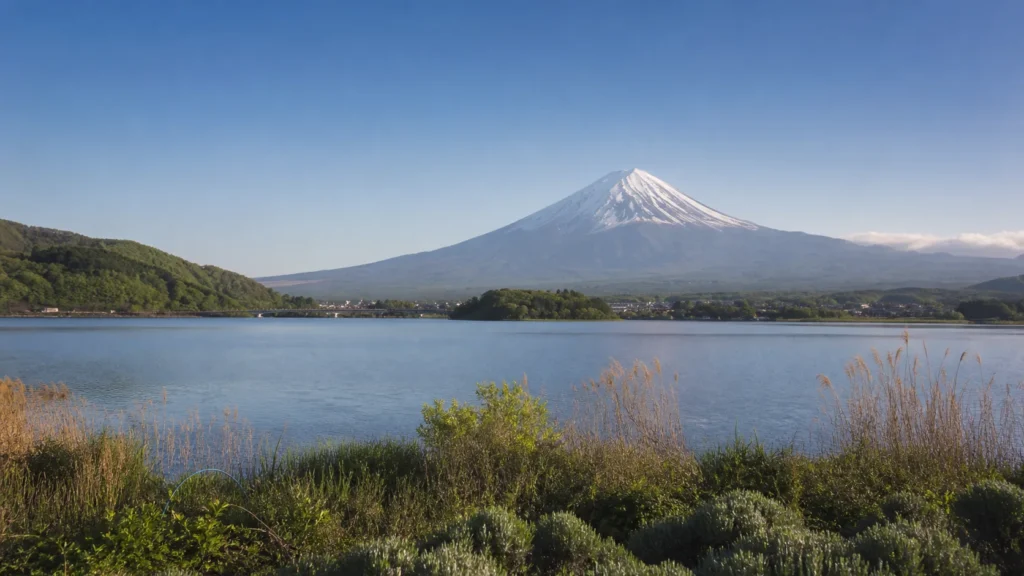 Mount Fuji across Lake Kawaguchiko on a clear morning