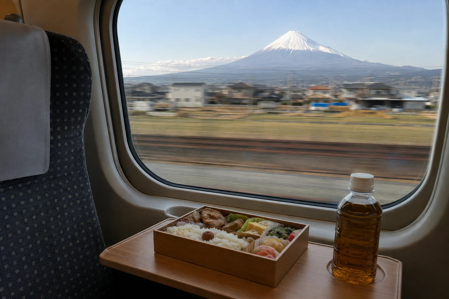 Mount Fuji seen through a Shinkansen window between Tokyo and Kyoto