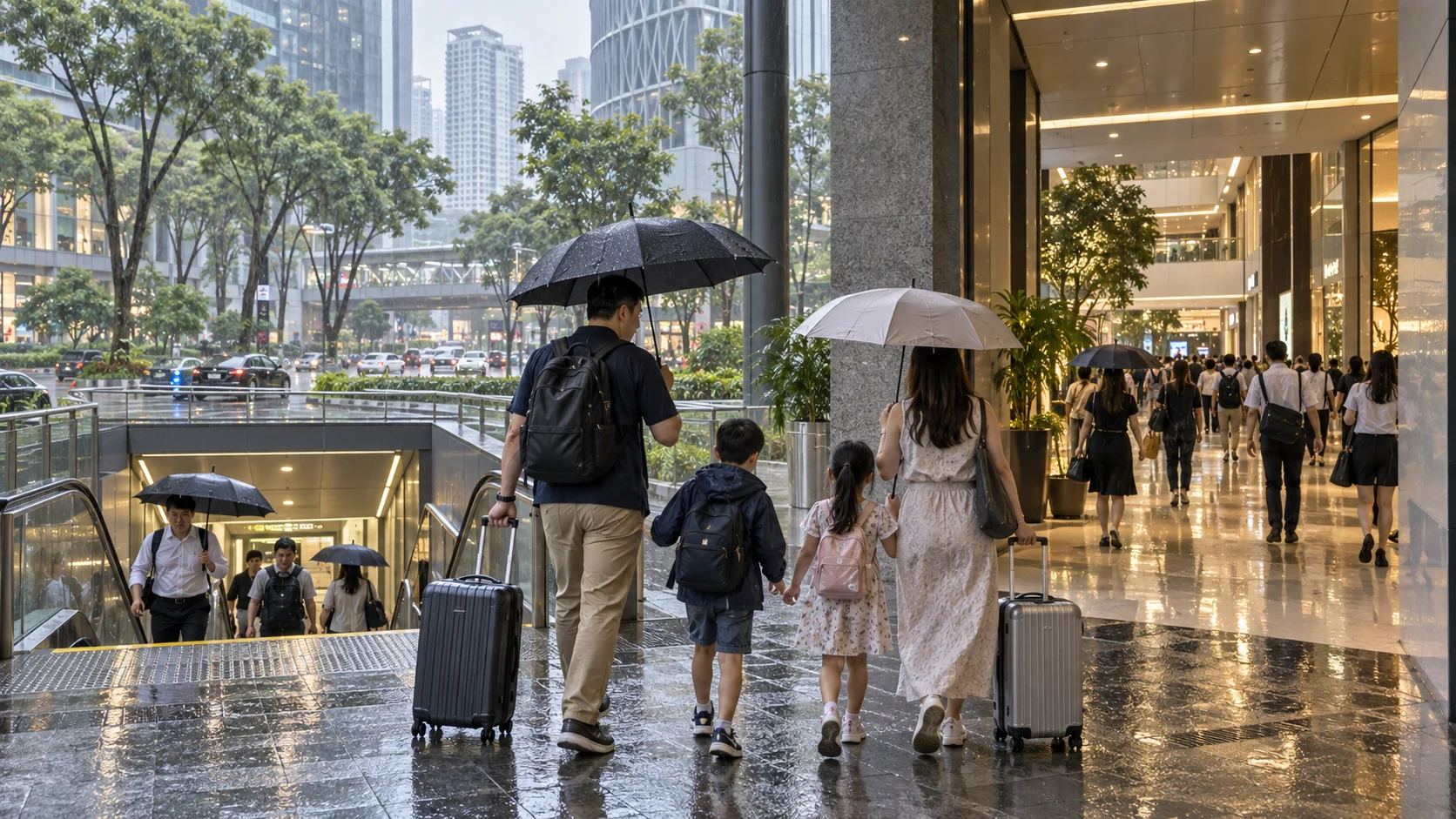 Family with luggage using a covered walkway near Orchard Road MRT during rain