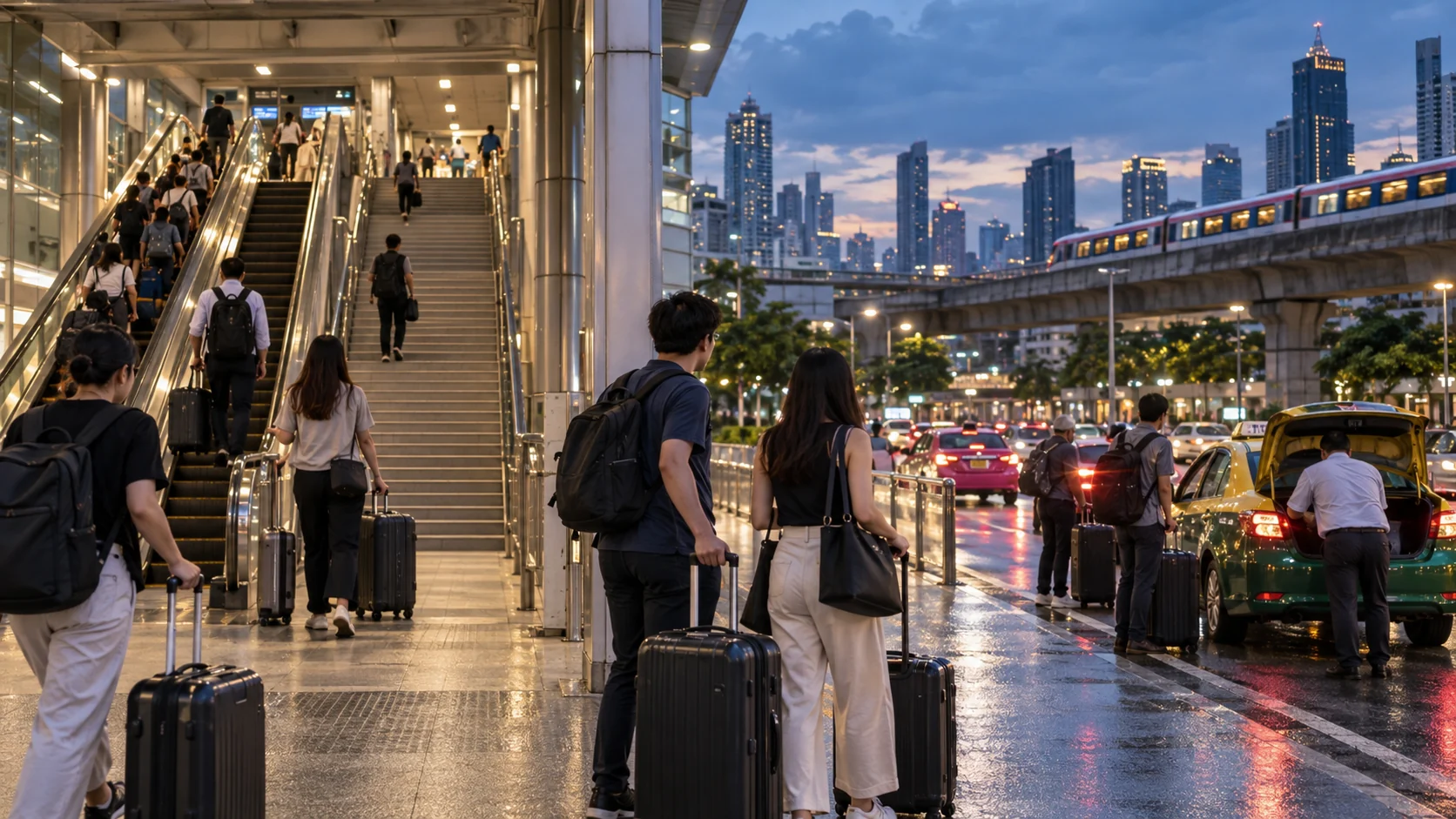 Travelers with luggage deciding how to leave Phaya Thai station in Bangkok