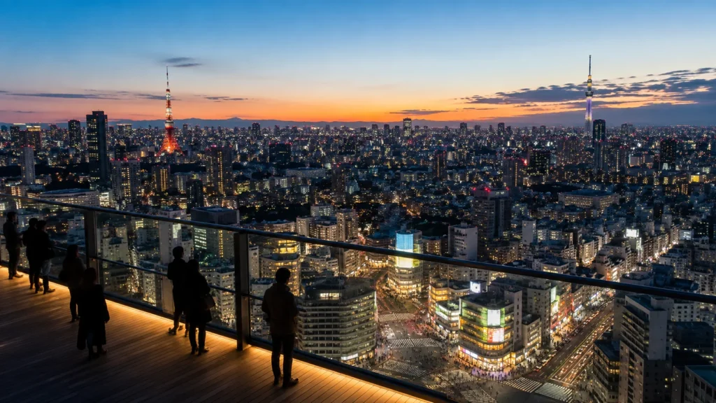 Open-air rooftop view over Shibuya at blue hour with Tokyo Tower and Tokyo Skytree in the distance