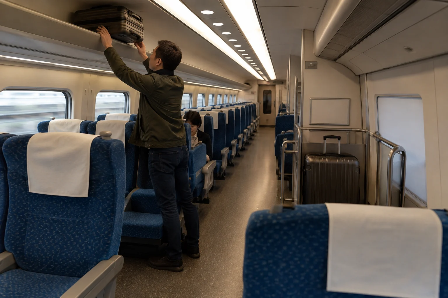 Traveler storing luggage inside a Shinkansen carriage