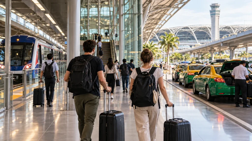 Travelers choosing between the Airport Rail Link and taxis at Bangkok Suvarnabhumi Airport